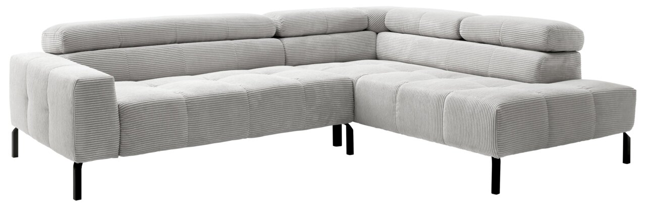 Grijze, moderne hoekbank met geribbelde stoffen bekleding en zwarte metalen poten, gezien vanaf de zijkant.
