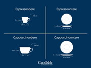 Infografik mit Maßen für Espresso- und Cappuccinotassen sowie Untertassen: Espressoobere 100 ml (Seitenansicht, h 6 cm, Ø 6,5 cm), Espressountere (Draufsicht und Seitenansicht, h 2 cm, Ø 12 cm), Cappuccinoobere 240 ml (Seitenansicht, h 6,5 cm, Ø 11 cm), C