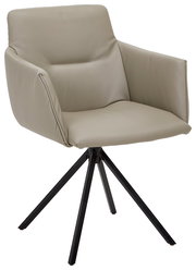 Moderner Sessel mit beigem Lederbezug und schwarzem Metallgestell, seitliche Perspektive