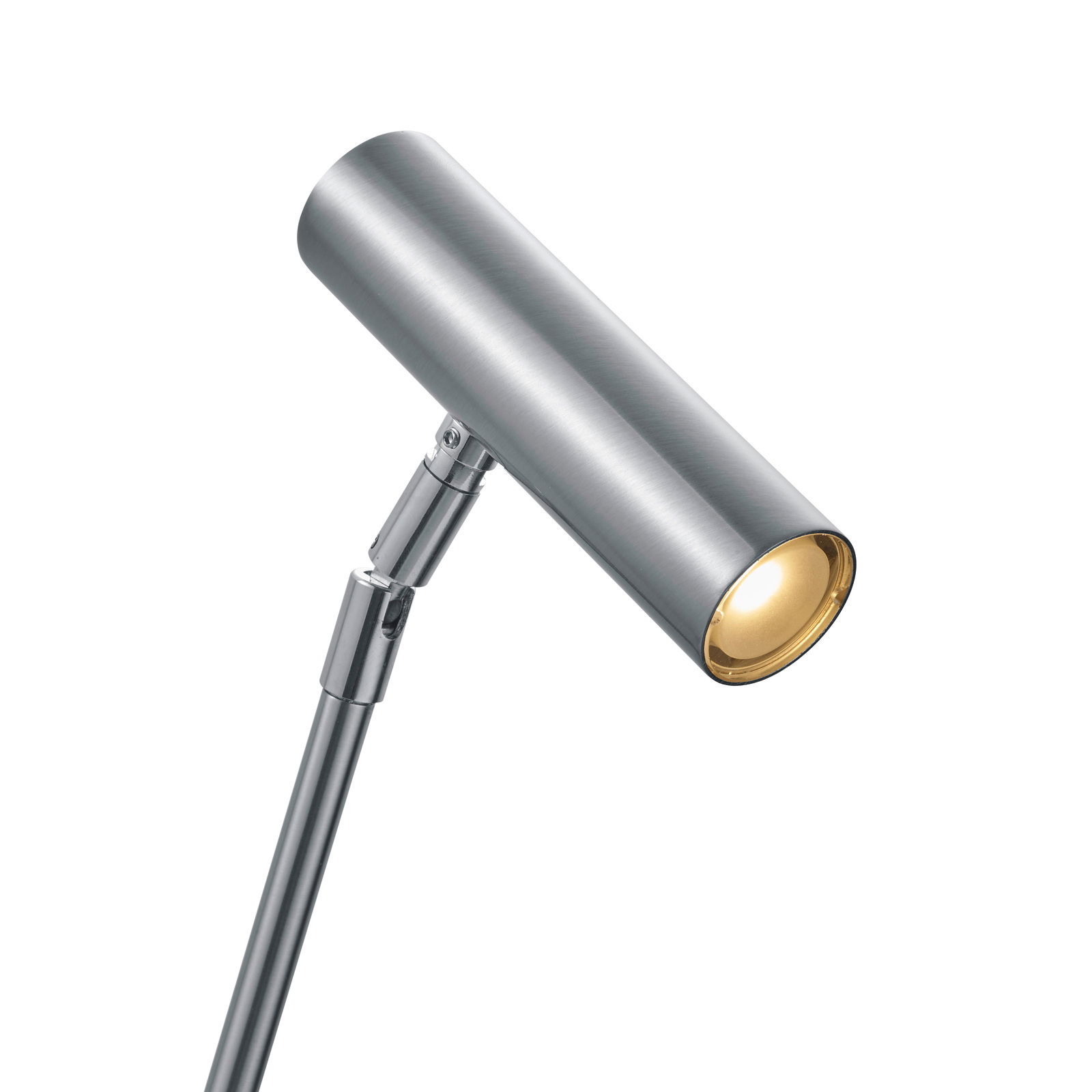Moderne LED-Tischleuchte aus gebürstetem Metall, seitliche Perspektive