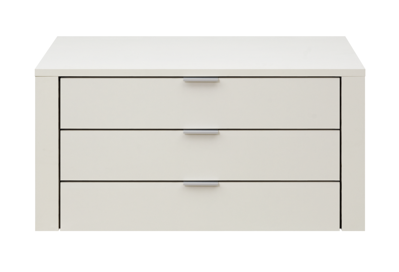 Weißer Schubladenkorpus mit drei Schubladen, frontale Ansicht