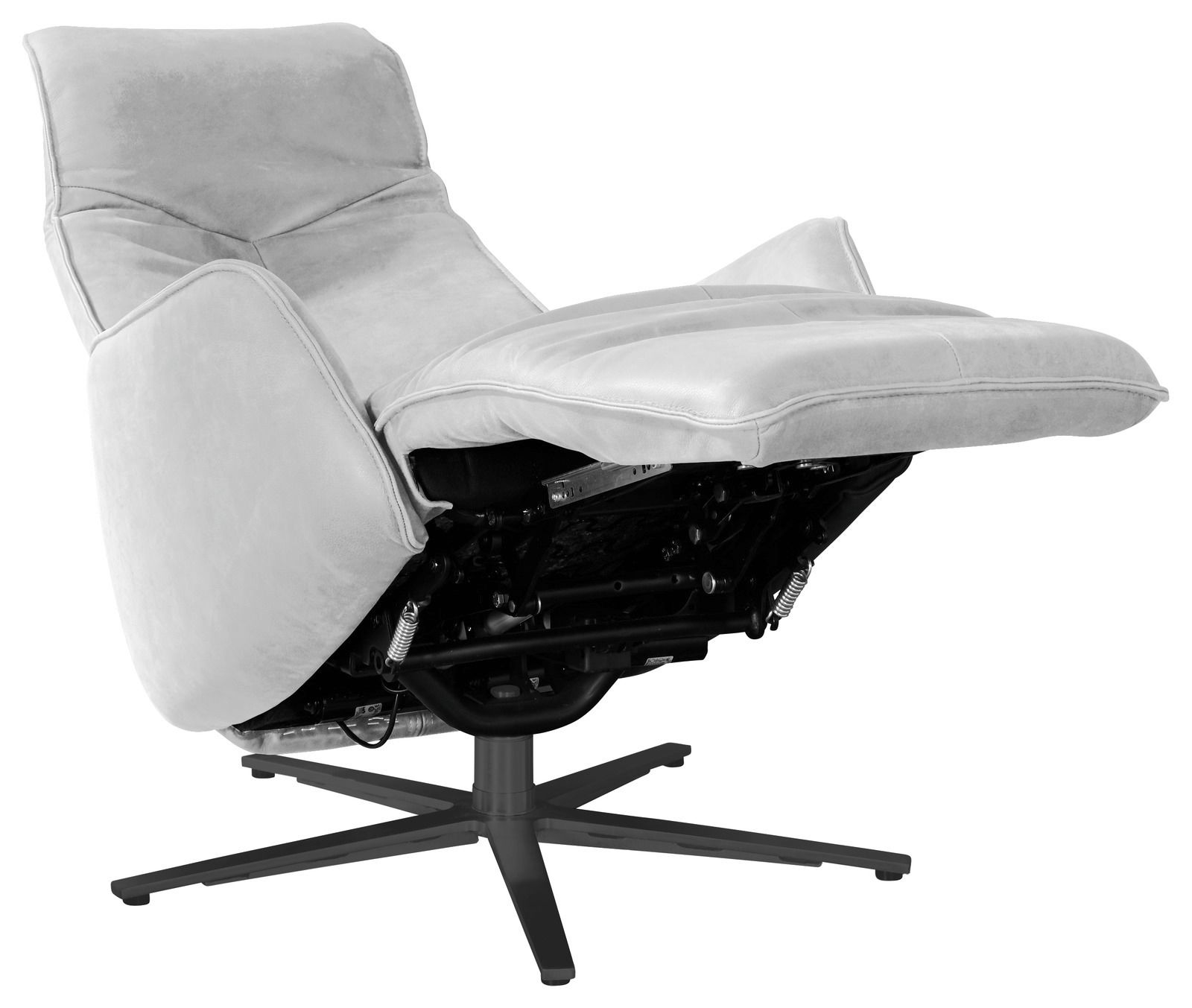 Moderner Fernsehsessel in hellgrauem Stoff, seitliche Perspektive mit ausgeklapptem Fußteil.