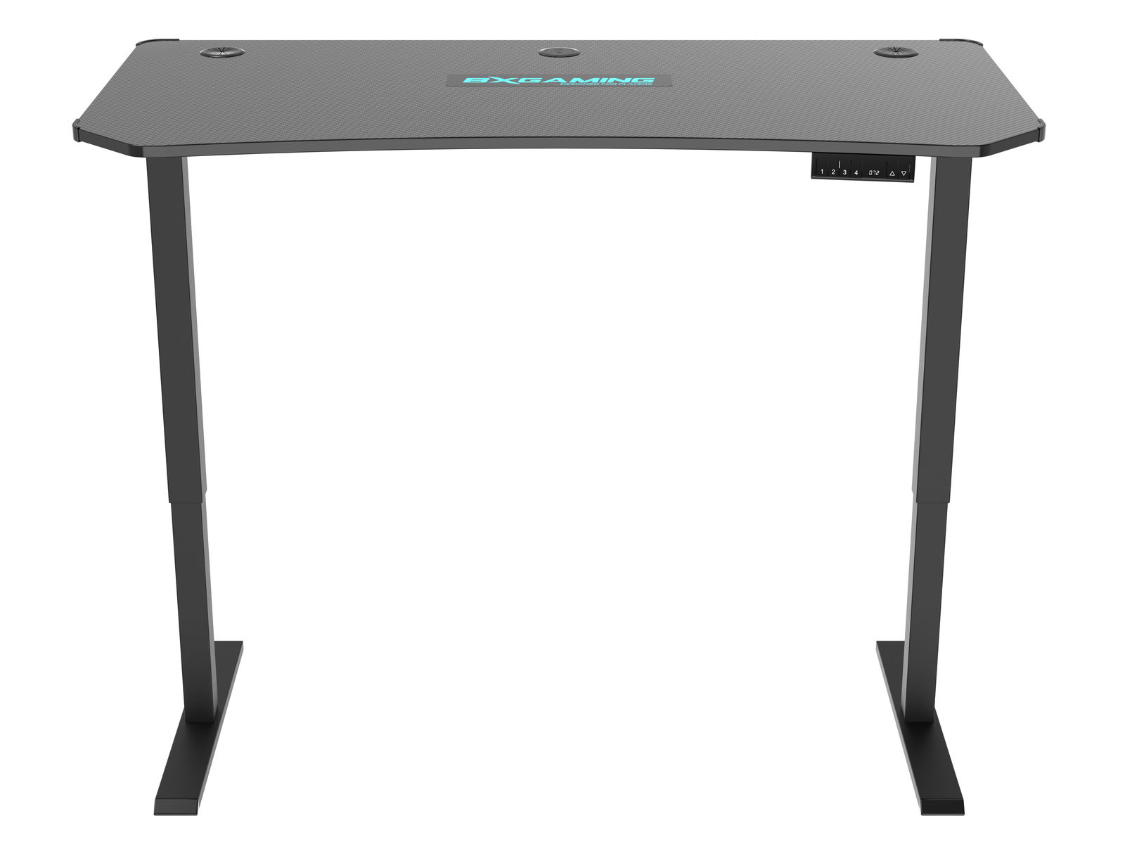 Moderner E-Gaming Tisch in schwarzer Farbe, frontal abgebildet mit ergonomischem Design und stabilen Beinen.