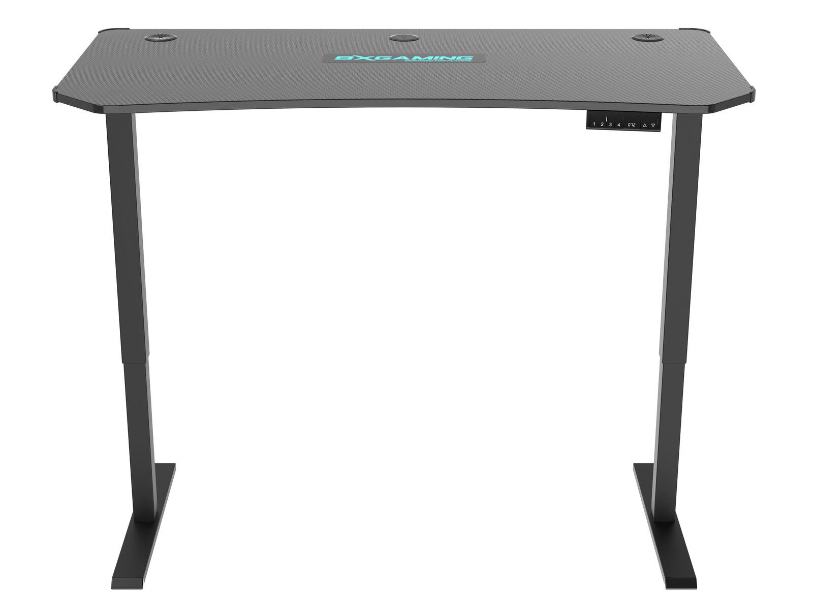 Moderner E-Gaming Tisch in schwarzer Farbe, frontal abgebildet mit ergonomischem Design und stabilen Beinen.