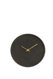 Runde Wanduhr mit schwarzem Zifferblatt und goldenen Zeigern, aus der Vogelperspektive fotografiert.