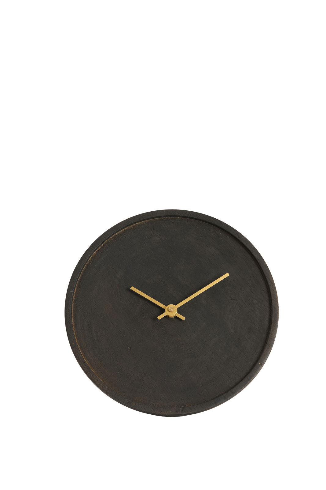 Runde Wanduhr mit schwarzem Zifferblatt und goldenen Zeigern, aus der Vogelperspektive fotografiert.