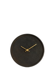 Runde Wanduhr mit schwarzem Zifferblatt und goldenen Zeigern, aus der Vogelperspektive fotografiert.