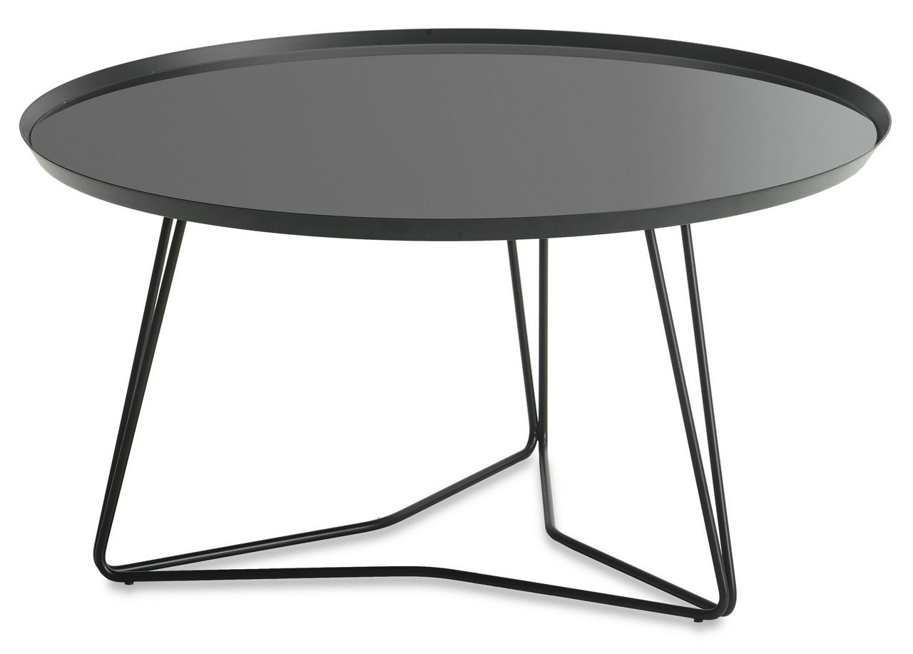 Moderner runder Couchtisch mit schwarzer Glasplatte und filigranem Metallgestell, seitliche Perspektive.