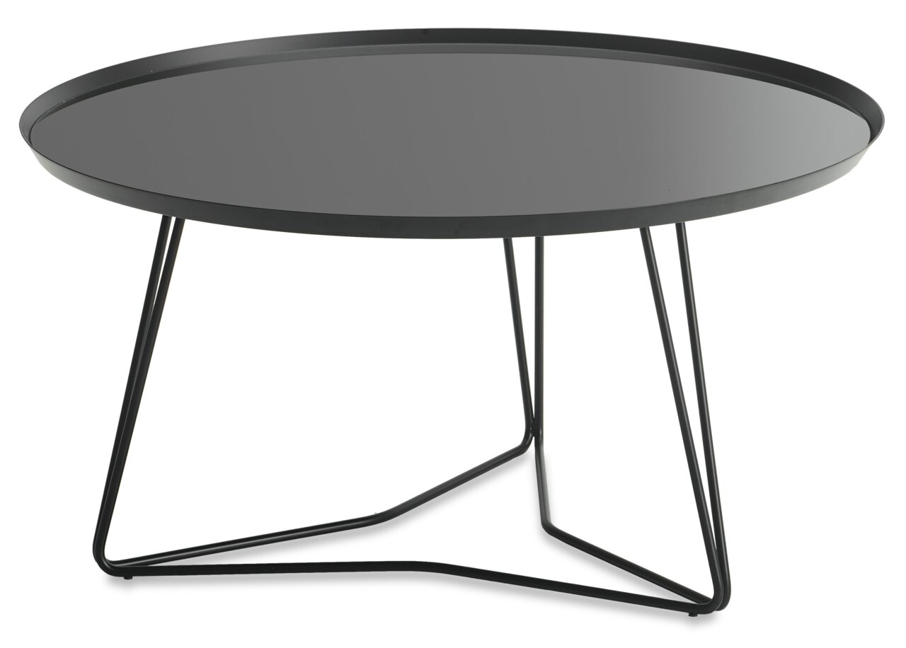 Jori Couchtisch STELLATO Moderner runder Couchtisch mit schwarzer Glasplatte und filigranem Metallgestell, seitliche Perspektive.