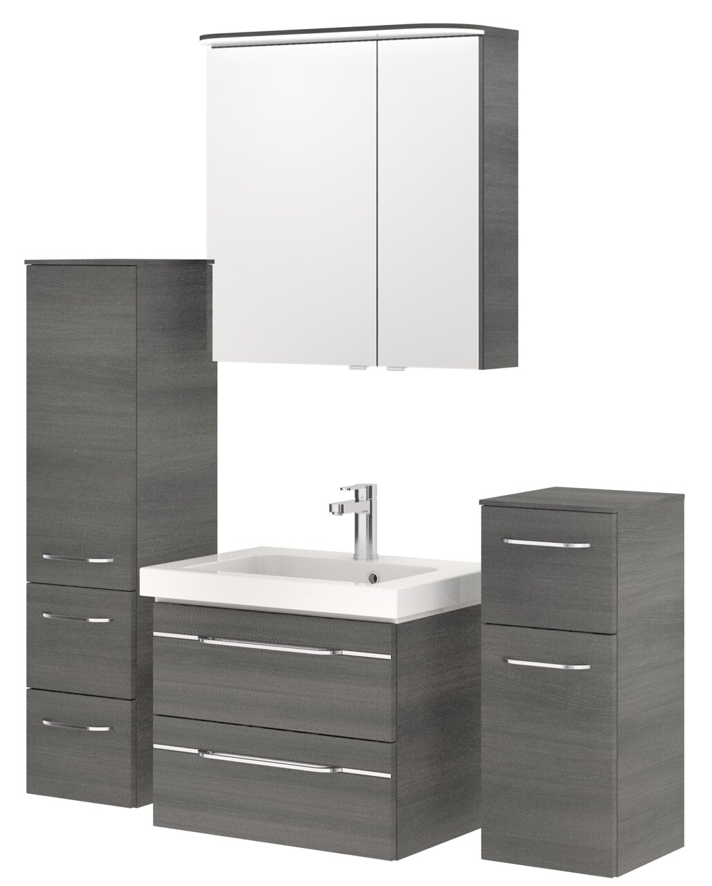 Pelipal Badblock BALTO SPRINT Moderner Badblock in dunklem Holzdekor mit Waschbecken, Spiegelschrank und Stauraum, frontal betrachtet.