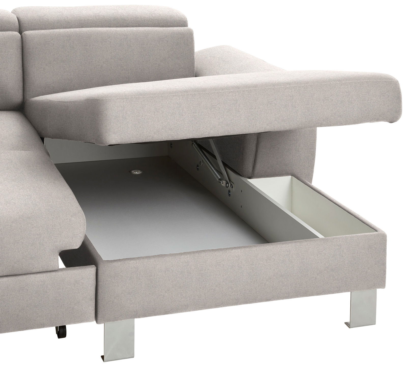 Graues Sofa mit geöffneter Aufbewahrungsbox, seitliche Perspektive