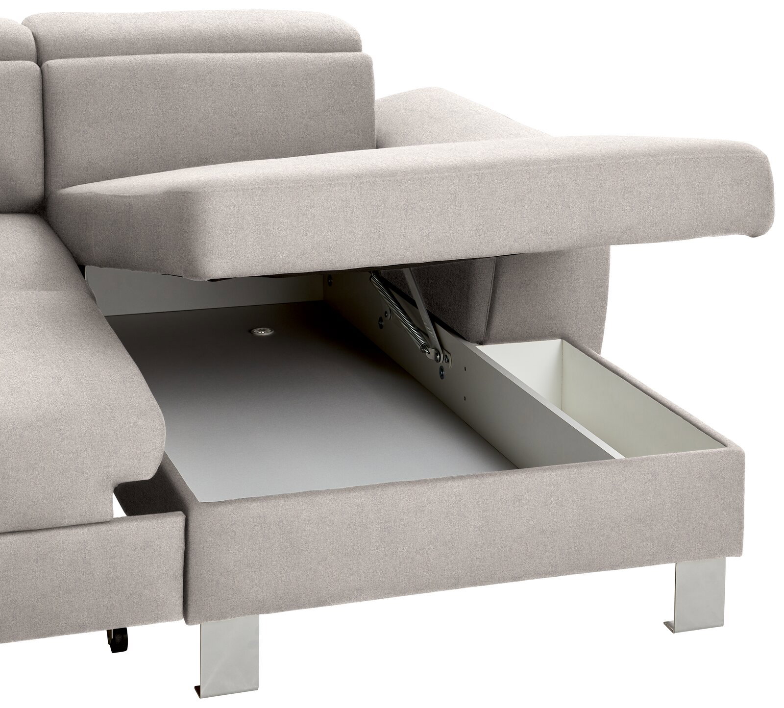 Graues Sofa mit geöffneter Aufbewahrungsbox, seitliche Perspektive