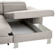 Graues Sofa mit geöffneter Aufbewahrungsbox, seitliche Perspektive