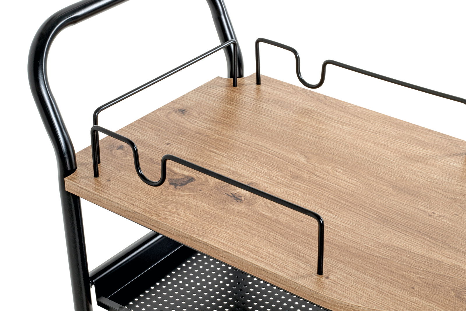 Nahaufnahme eines Küchenwagens auf Rollen mit Holzplatte und schwarzem Metallrahmen, seitliche Perspektive.