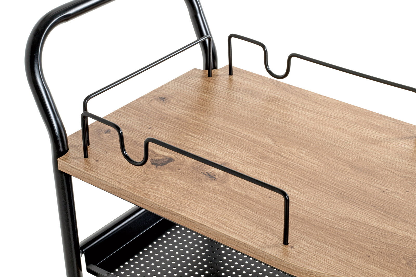 Nahaufnahme eines Küchenwagens auf Rollen mit Holzplatte und schwarzem Metallrahmen, seitliche Perspektive.