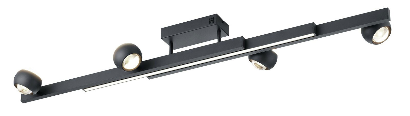 Moderne schwarze Deckenleuchte mit vier verstellbaren Strahlern, seitliche Perspektive