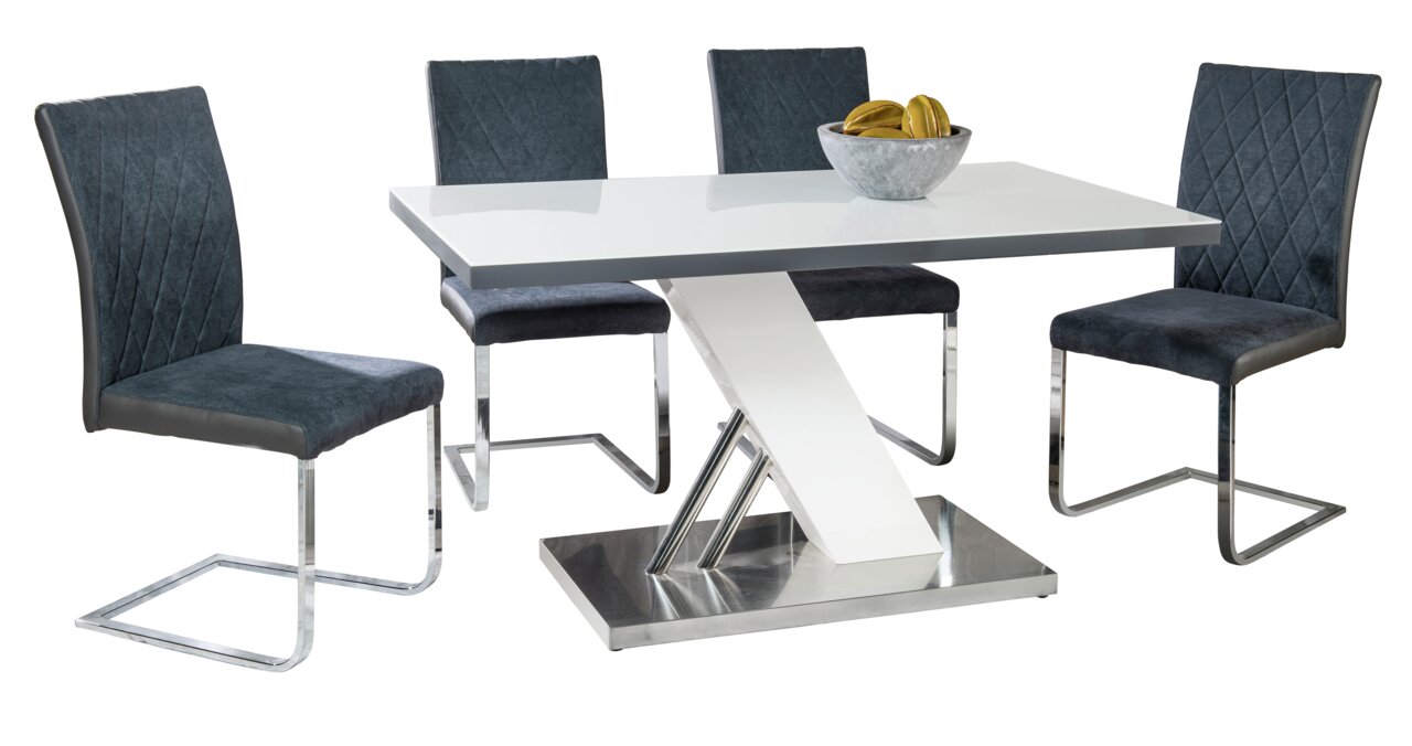 Moderner Schwingstuhl in dunklem Stoff mit Metallgestell, seitliche Perspektive.