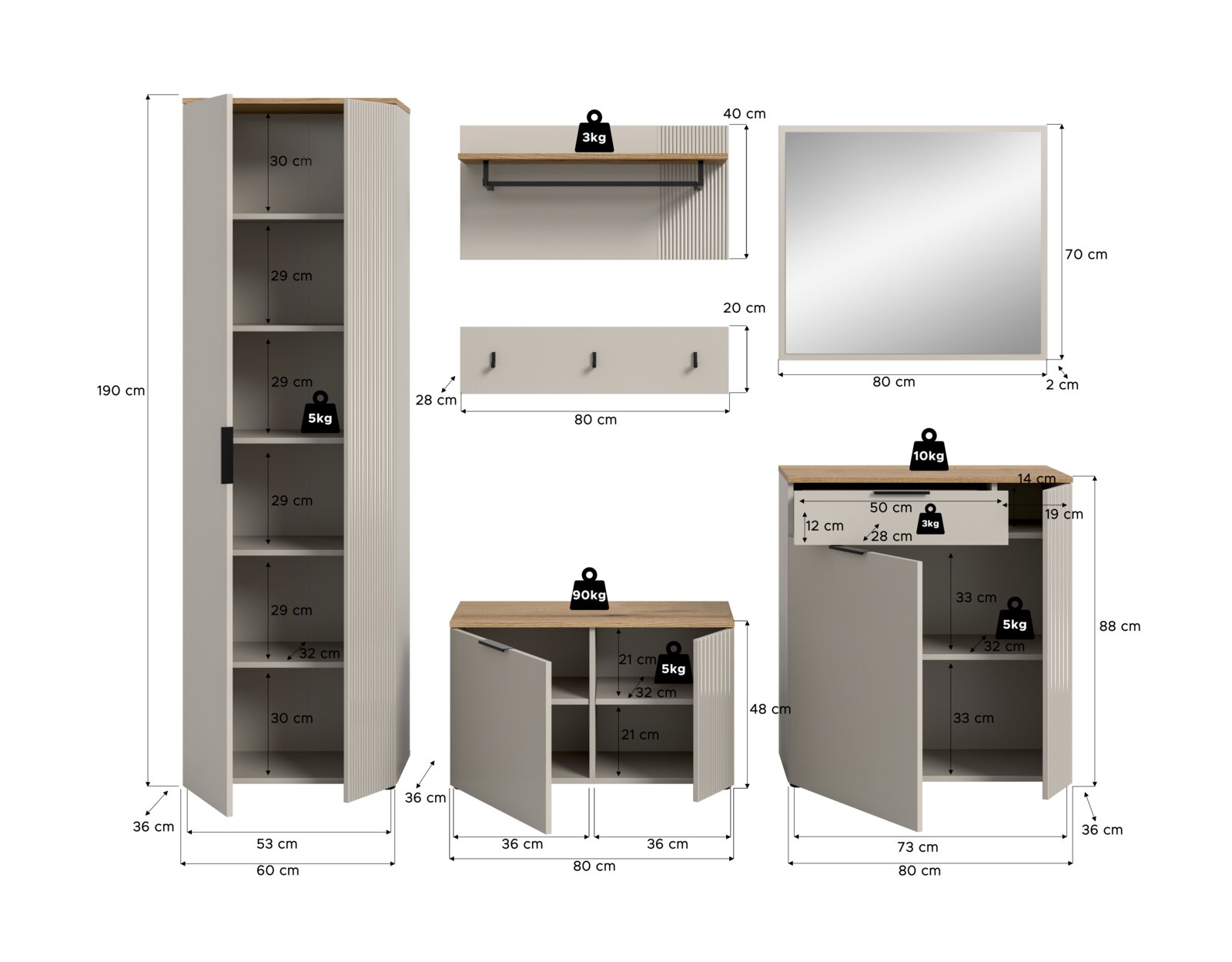 Garderobenkombination bestehend aus einem hohen Schrank, einem Spiegel, einer Wandgarderobe mit Haken, einem Regalbrett und zwei Kommoden, frontal abgebildet.