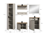 Garderobenkombination bestehend aus einem hohen Schrank, einem Spiegel, einer Wandgarderobe mit Haken, einem Regalbrett und zwei Kommoden, frontal abgebildet.