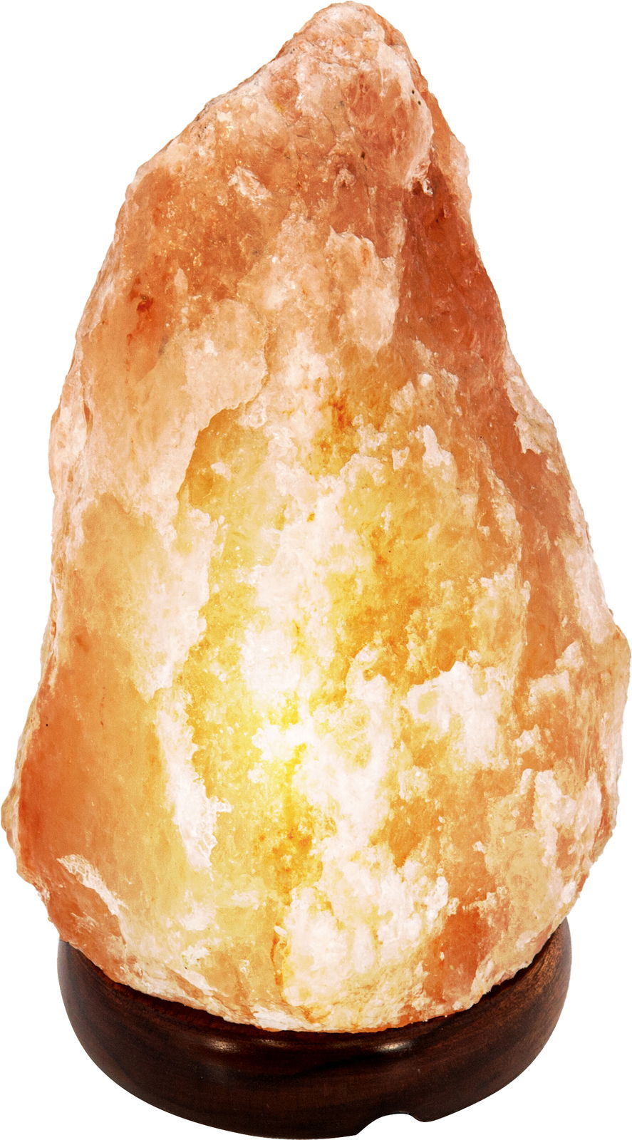 Salzkristall-Tischleuchte auf Holzsockel, frontal betrachtet