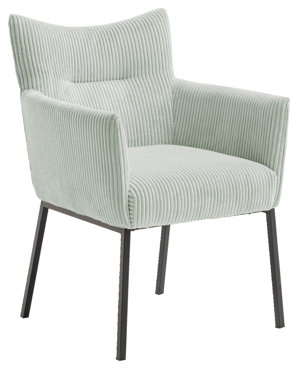 Moderne fauteuil met lichtgroene, geribbelde stoffen bekleding en zwarte metalen poten, zijaanzicht