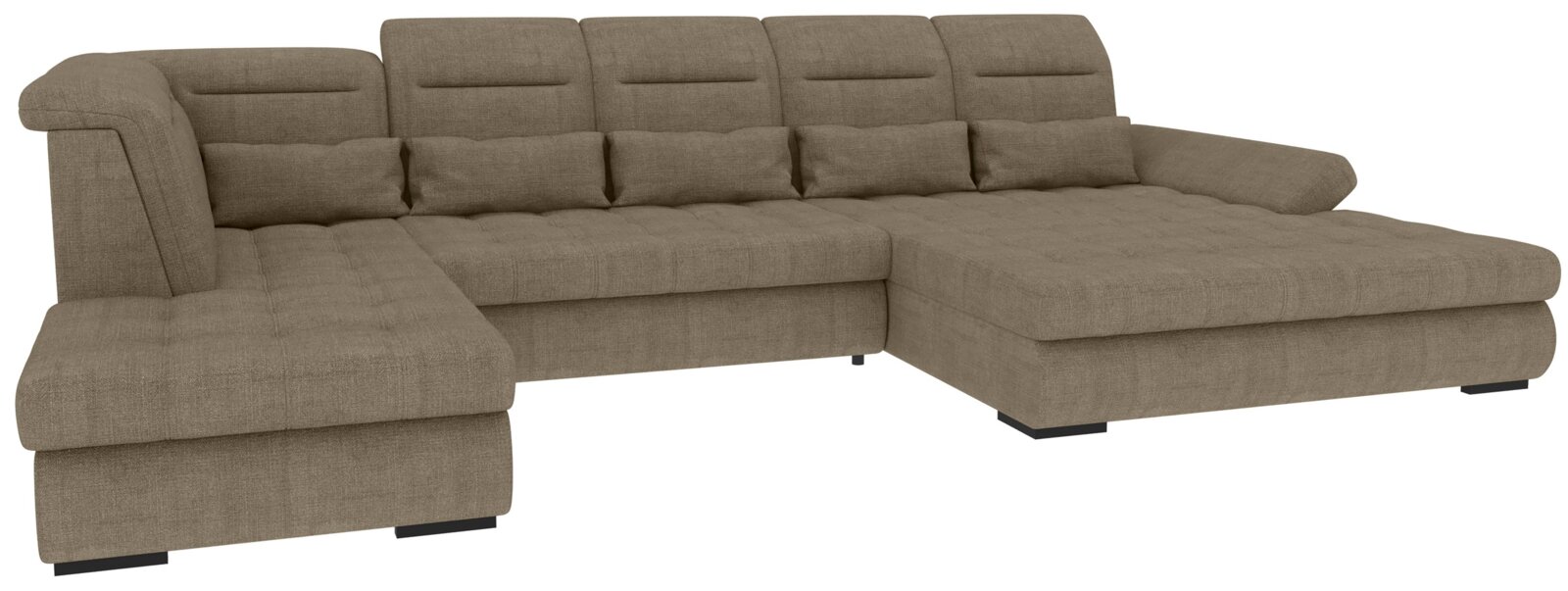 Beiges Stoff-Wohnlandschaft-Ecksofa in U-Form mit Ottomane, gepolsterten Armlehnen und verstellbaren Kopfstützen, schräg von vorne in 3/4-Perspektive auf weißem Hintergrund