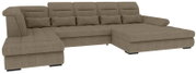 Beiges Stoff-Wohnlandschaft-Ecksofa in U-Form mit Ottomane, gepolsterten Armlehnen und verstellbaren Kopfstützen, schräg von vorne in 3/4-Perspektive auf weißem Hintergrund