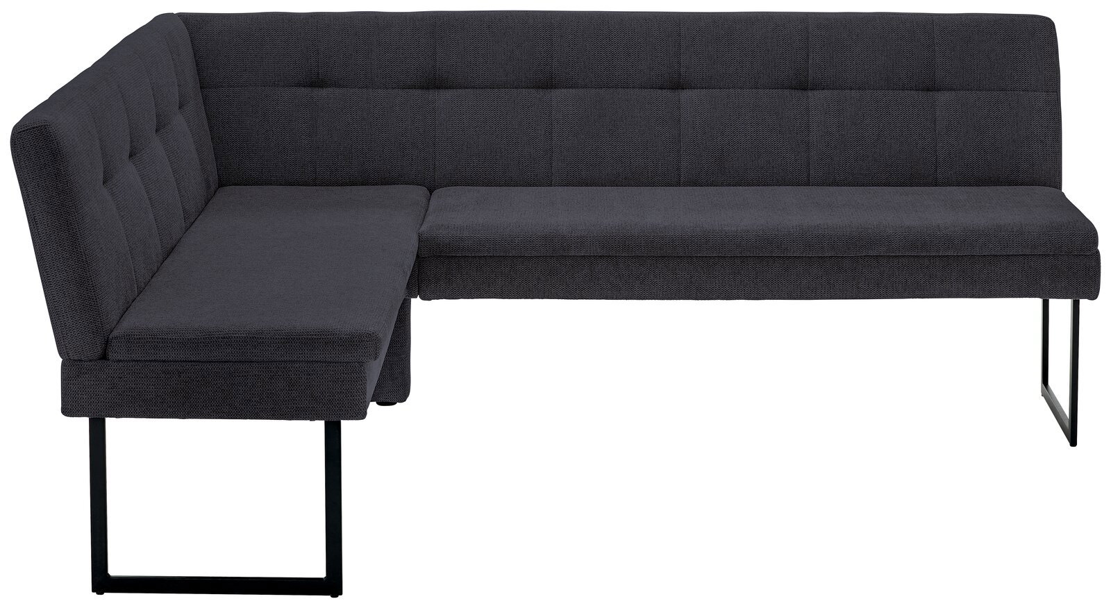 Eckbank in dunklem Stoffbezug mit Metallbeinen, Perspektive von vorne links