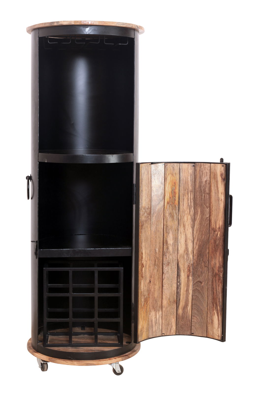 Runder Barschrank aus Holz und Metall mit geöffneter Tür, auf Rollen, frontal betrachtet.
