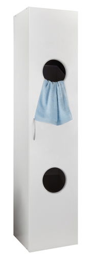 Weißer Wäscheschrank mit zwei runden Öffnungen, eine mit einem blauen Handtuch, aus seitlicher Perspektive.