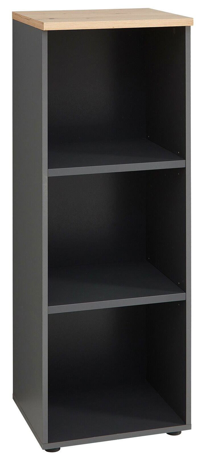 Voleo Regal niedrig/schmal DETROIT Schmales, niedriges Regal mit drei offenen Fächern und einer Holzoberfläche, seitliche Perspektive.