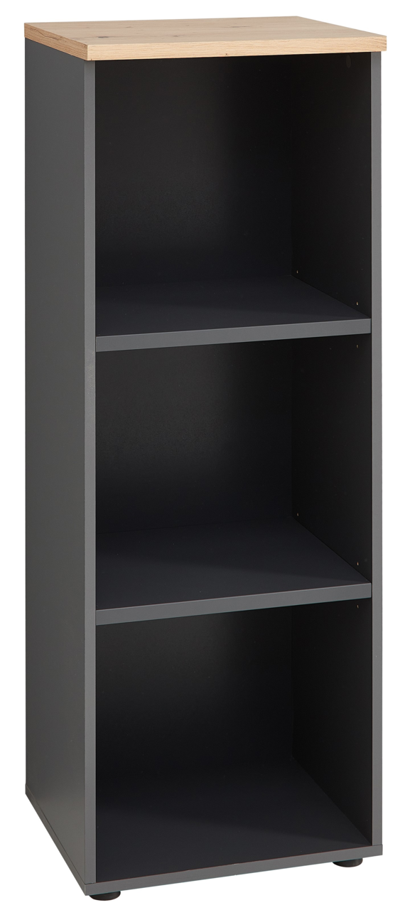 Voleo Regal niedrig/schmal DETROIT Schmales, niedriges Regal mit drei offenen Fächern und einer Holzoberfläche, seitliche Perspektive.