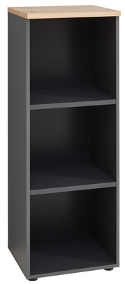 Schmales, niedriges Regal mit drei offenen Fächern und einer Holzoberfläche, seitliche Perspektive.