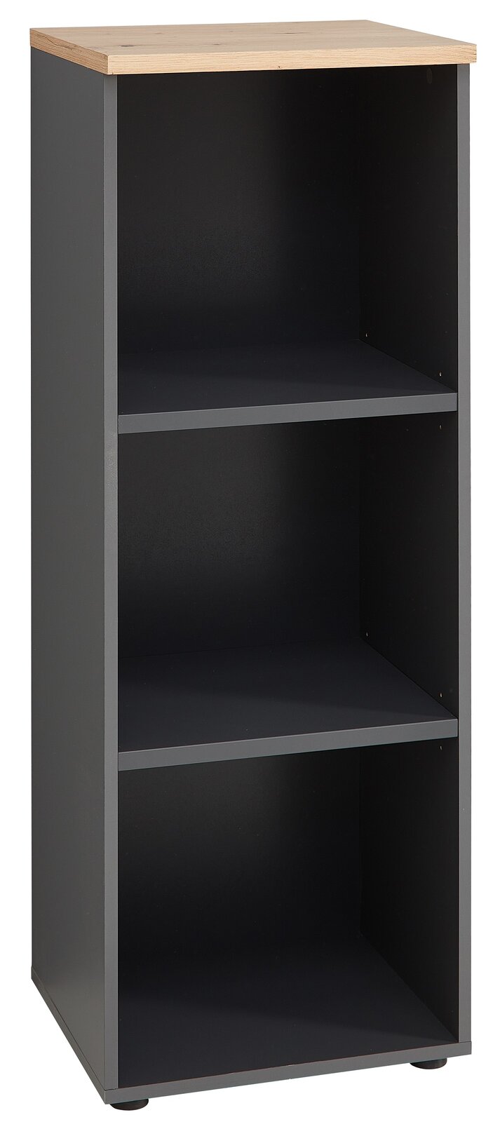 Schmales, niedriges Regal mit drei offenen Fächern und einer Holzoberfläche, seitliche Perspektive.