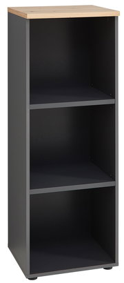 Schmales, niedriges Regal mit drei offenen Fächern und einer Holzoberfläche, seitliche Perspektive.