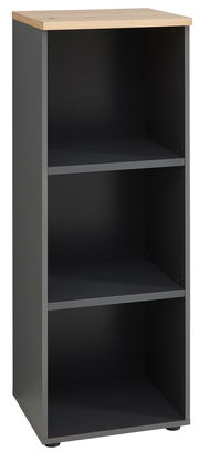 Schmales, niedriges Regal mit drei offenen Fächern und einer Holzoberfläche, seitliche Perspektive.