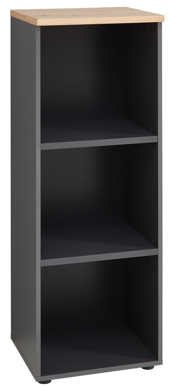 Schmales, niedriges Regal mit drei offenen Fächern und einer Holzoberfläche, seitliche Perspektive.
