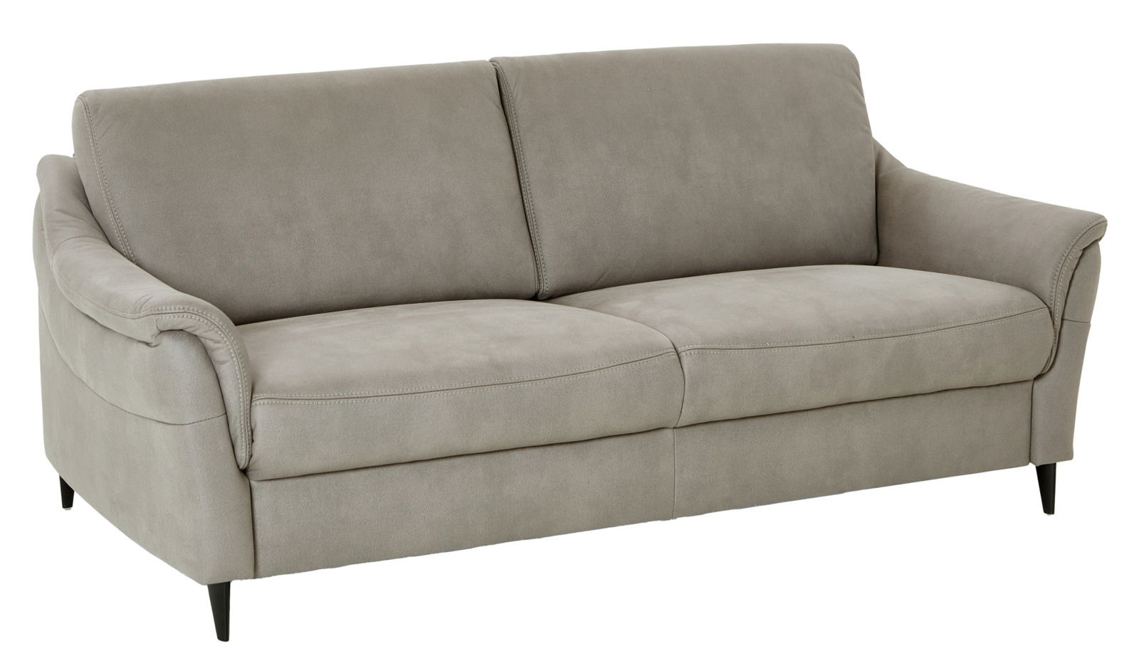 Graues 3-Sitzer-Sofa mit weichen Polstern und schwarzen Beinen, seitliche Perspektive