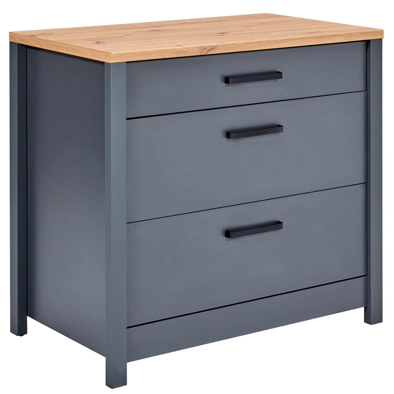 Schubkastenunterschrank mit drei Schubladen, grauer Korpus und Holzoberfläche, seitliche Perspektive
