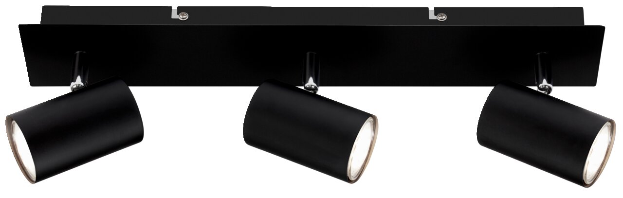 Schwarzer LED-Spot mit drei verstellbaren Leuchten, Ansicht von vorne.