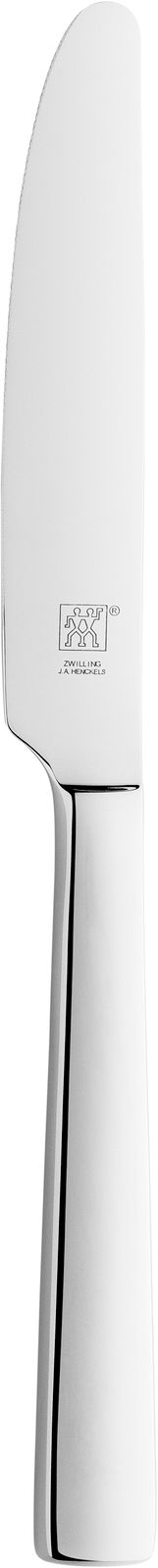 Nahaufnahme eines glänzenden, modernen Messers aus Edelstahl mit abgerundeter Klinge und ergonomischem Griff, seitliche Perspektive.