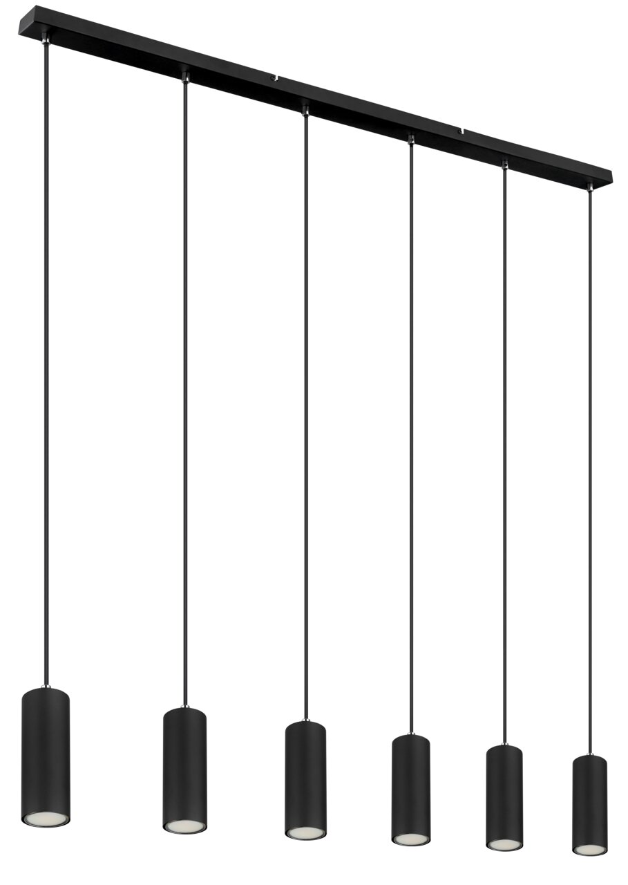 Moderne schwarze Hängeleuchte mit sechs zylindrischen Lampenschirmen, von der Seite betrachtet.