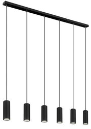 Moderne schwarze Hängeleuchte mit sechs zylindrischen Lampenschirmen, von der Seite betrachtet.