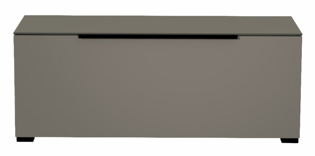 Frontansicht eines grauen TV-Lowboards mit schlichtem Design.