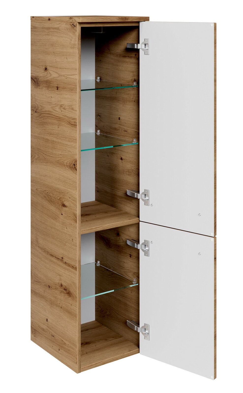 Sadena Midischrank PLAKA Midischrank aus Holz mit zwei offenen Türen, Glasböden und weißer Front, seitliche Perspektive