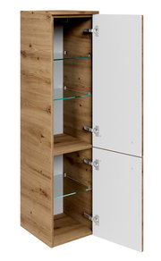 Midischrank aus Holz mit zwei offenen Türen, Glasböden und weißer Front, seitliche Perspektive