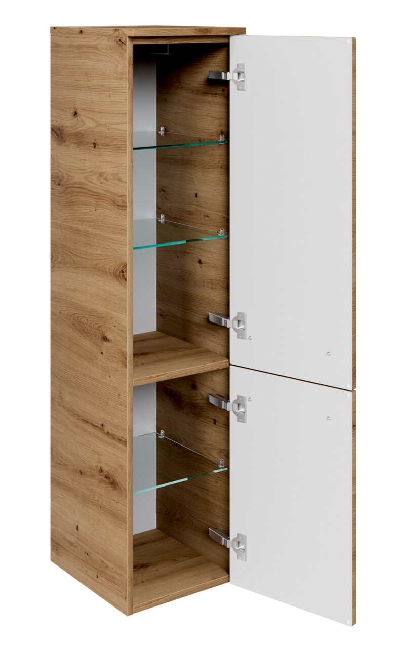 Midischrank aus Holz mit zwei offenen Türen, Glasböden und weißer Front, seitliche Perspektive
