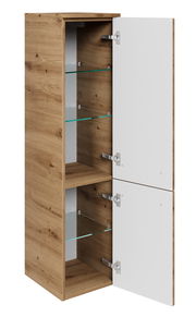 Midischrank aus Holz mit zwei offenen Türen, Glasböden und weißer Front, seitliche Perspektive