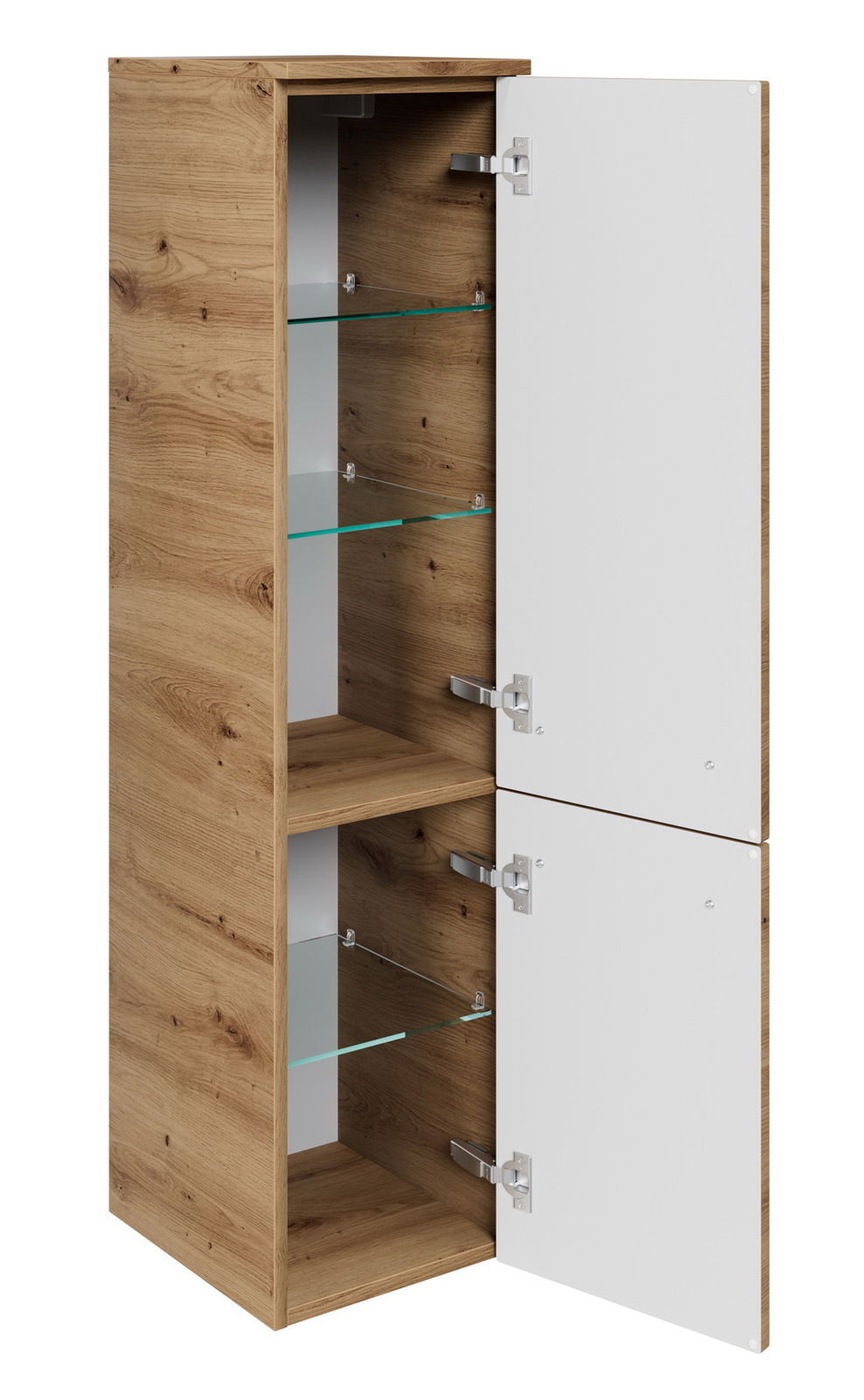 Midischrank aus Holz mit zwei offenen Türen, Glasböden und weißer Front, seitliche Perspektive