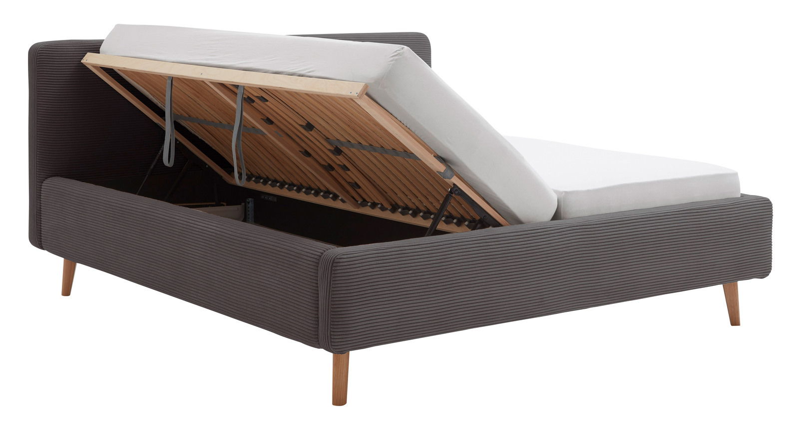 Polsterbett mit hochgeklappter Matratze und Stauraum, seitliche Perspektive